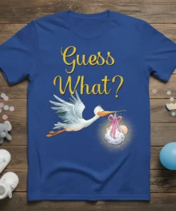 Guess What? pregnancy announcement t-shirt with a stork delivering a baby in a bundle