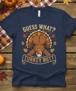 Funny Thanksgiving T-Shirt with "Guess What? Turkey Butt" text and a cartoon turkey's rear end graphic