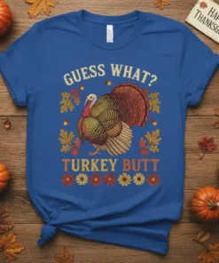 Guess What Turkey Butt Thanksgiving T-Shirt with a cartoon turkey and fall leaves