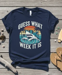 Guess What Week It Is text with a cool shark wearing sunglasses surfing a wave, vintage sunset graphic on a