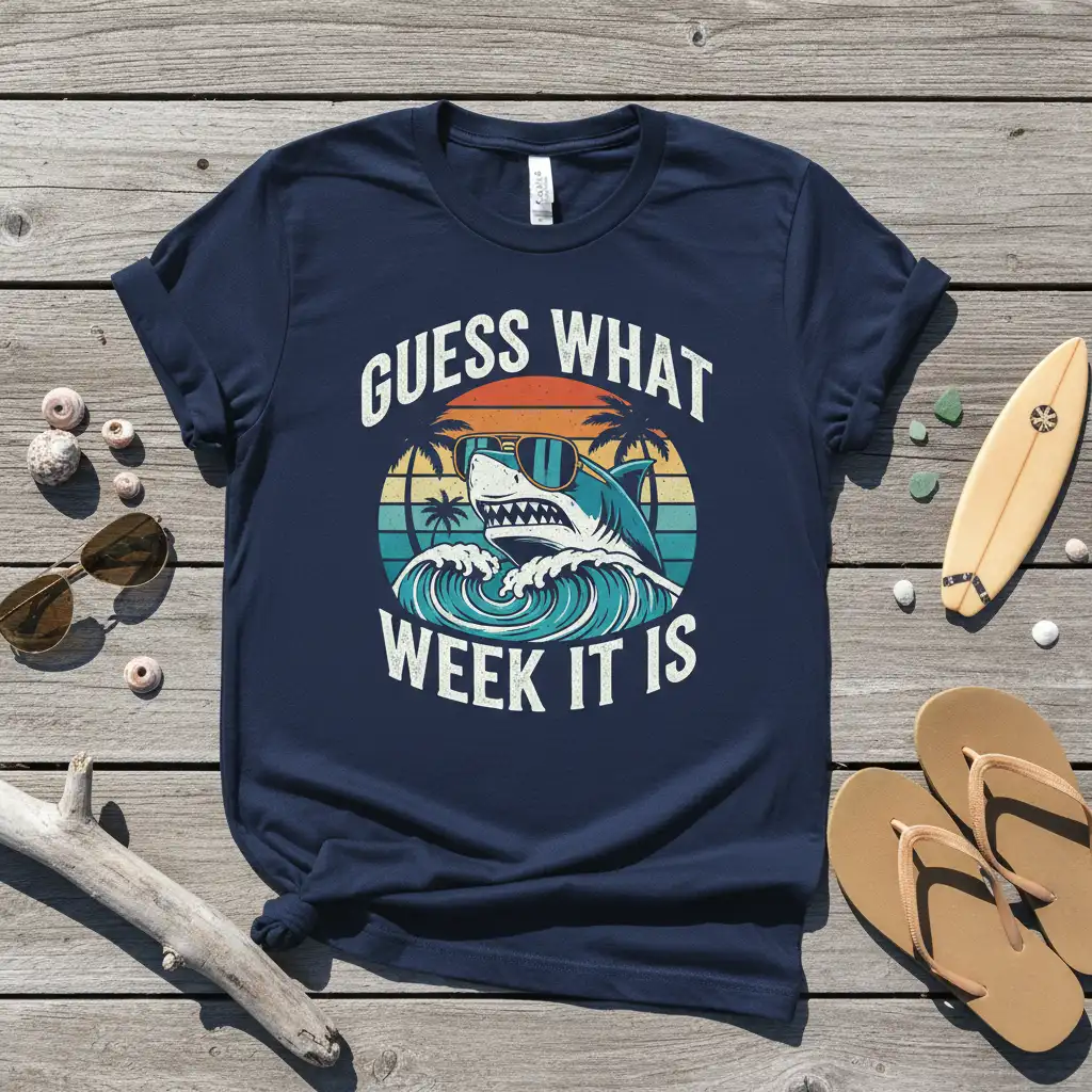 Guess What Week It Is funny shark graphic t-shirt with retro sunset and wave design