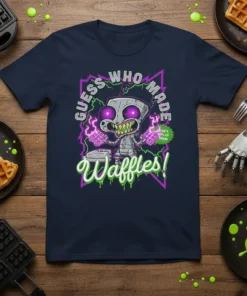 Guess Who Made Waffles! t-shirt featuring a cartoon robot character holding waffles and a waffle maker