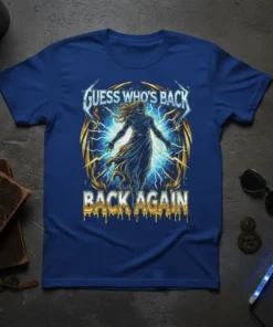 Guess Who's Back Back Again t-shirt with bold graphic design and lightning effects