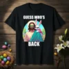 Guess Who's Back Jesus and bunny t-shirt design with sunglasses and pastel background, featuring bold white text