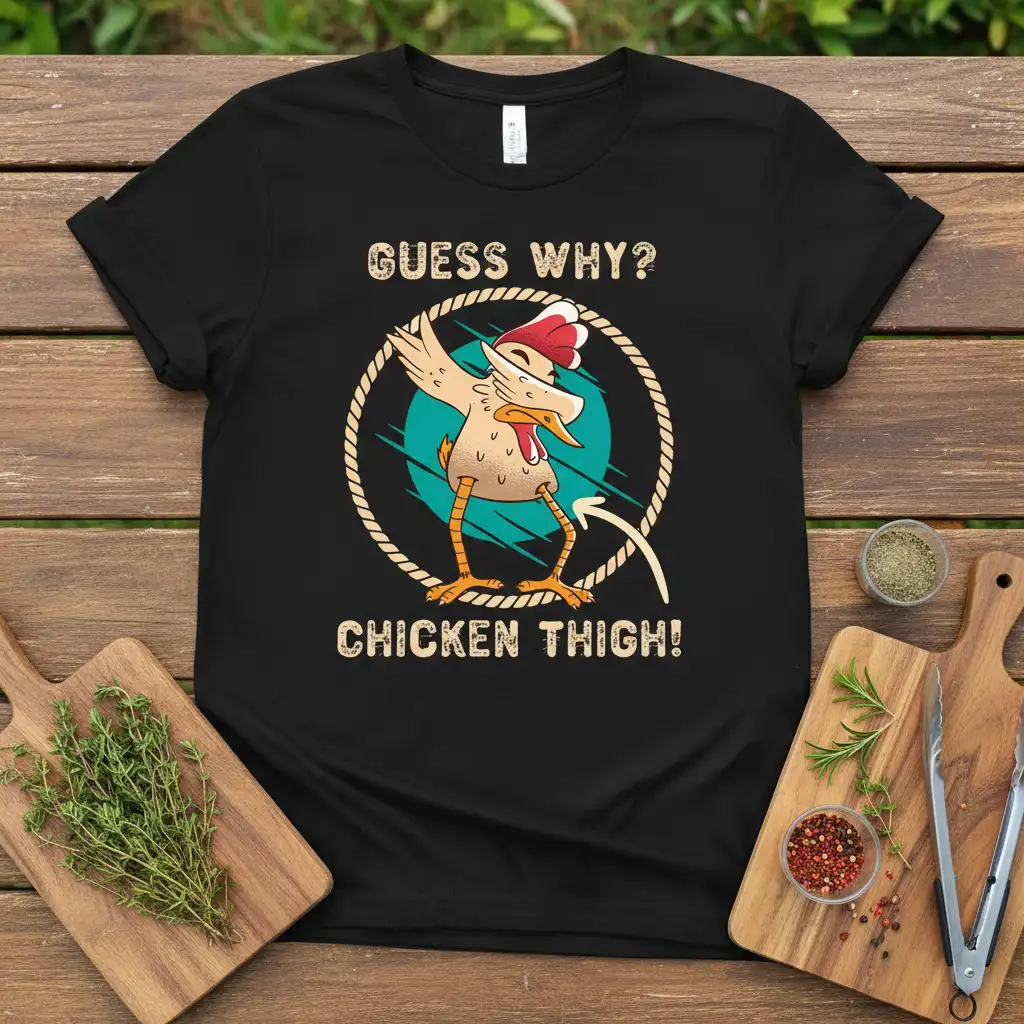 Guess Why? Chicken Thigh! pun t-shirt with dabbing chicken graphic and rope circle design