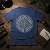 Blue t-shirt featuring a circular compass design with 'Guide Me North East South West' text and navigational symbols