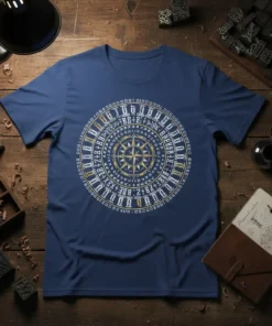 Blue t-shirt featuring a circular compass design with 'Guide Me North East South West' text and navigational symbols