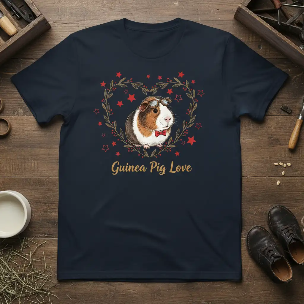 Guinea Pig Love design with a cute guinea pig illustration and heart wreath on a navy blue t-shirt