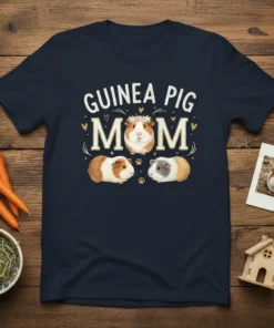 Guinea Pig Mom text design with three cute guinea pigs, one wearing a flower crown, on a navy t-shirt