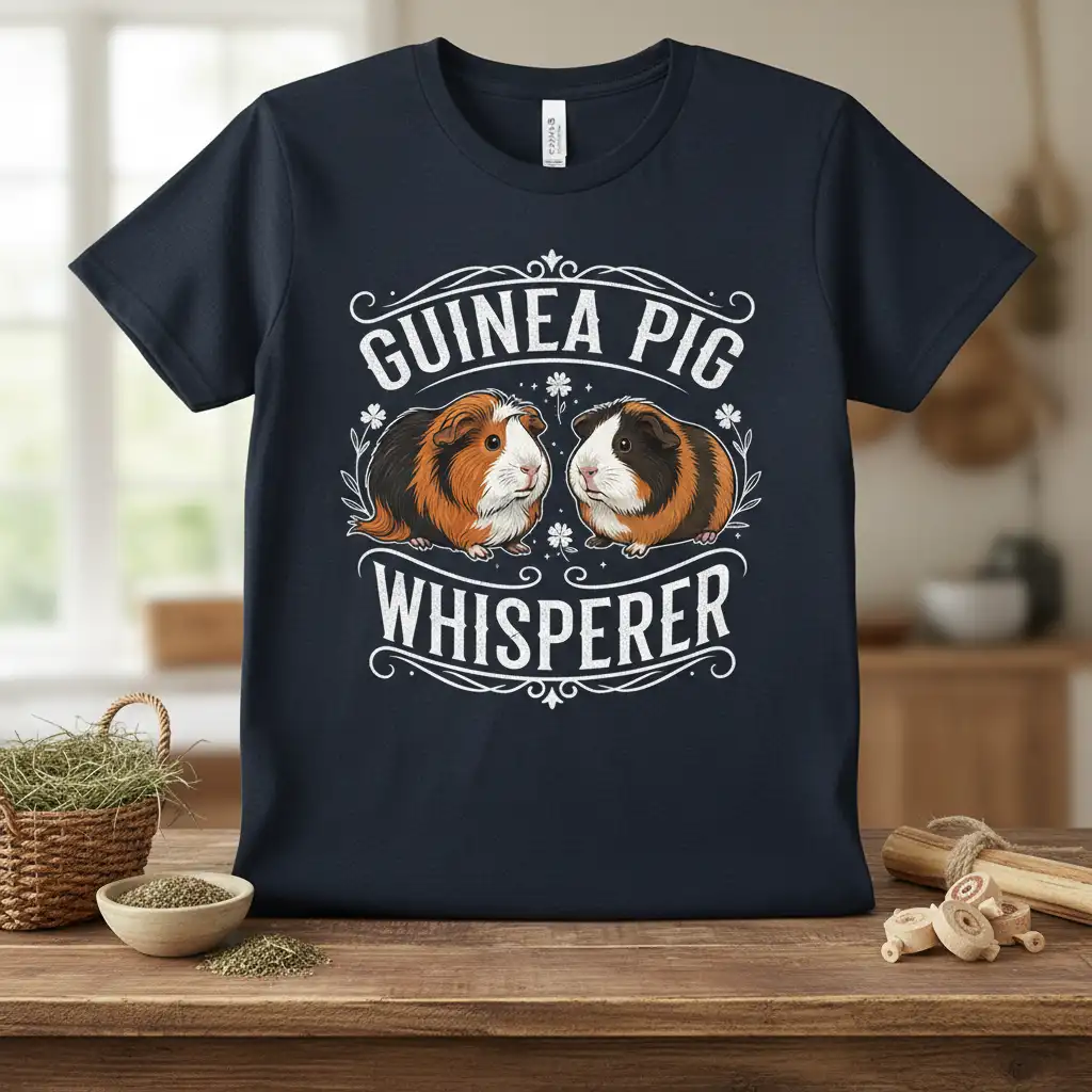 Guinea Pig Whisperer quote with two illustrated guinea pigs on a navy t-shirt