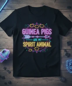 Neon sign style text "Guinea Pigs Are My Spirit Animal" with guinea pig graphics on a black t-shirt