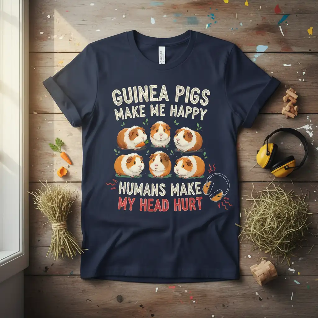 Guinea Pigs Make Me Happy Humans Make My Head Hurt text with six cute guinea pigs illustration on a navy t-shirt
