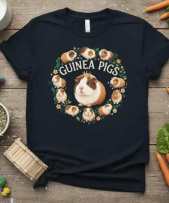 Guinea Pigs T-Shirt design with text "GUINEA PIGS" and a circle of cute guinea pigs illustration in green foliage