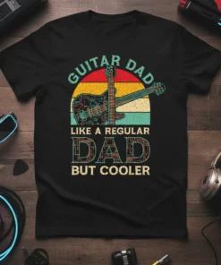 Guitar Dad Like A Regular Dad But Cooler text with guitar graphic on a black t-shirt
