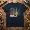 Guitar Evolution T-Shirt design featuring four distinct guitars from different eras laid out on a blueprint background