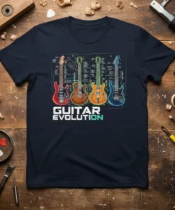 Guitar Evolution T-Shirt design featuring four distinct guitars from different eras laid out on a blueprint background