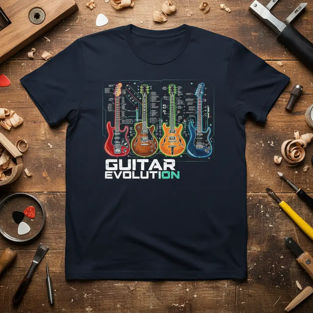 Guitar Evolution T-Shirt design showcasing the development of guitars on a blueprint background