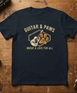 GUITAR & PAWS MUSIC & LOVE FOR ALL text with guitar and paw print graphic on a navy t-shirt