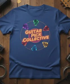 GUITAR PICK COLLECTIVE text design with colorful guitar picks arranged around a vinyl record graphic