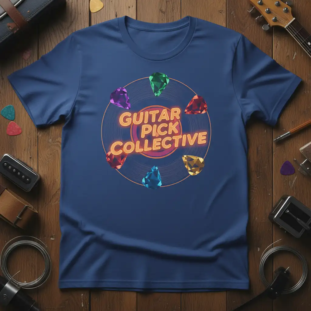 GUITAR PICK COLLECTIVE text and colorful guitar pick graphics on a music-themed t-shirt design