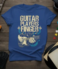 Guitar Players Finger T-Shirt design featuring text and a hand playing an electric guitar with musical notes