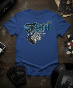 Guitarded T-Shirt featuring a skeleton hand playing an electric guitar with lightning bolt accents