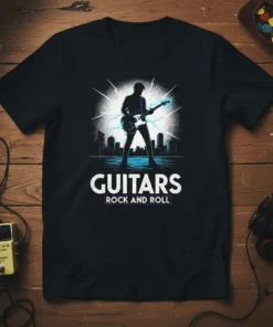 Black t-shirt with "GUITARS ROCK AND ROLL" text and silhouette of a guitarist in front of a cityscape