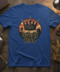 Gulag King text with a crown graphic and a silhouette of a gulag in the background on a blue t-shirt