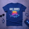 Retro Gulf Shores Alabama t-shirt design featuring a neon shark and sunset graphic