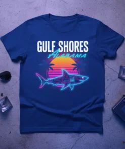Retro Gulf Shores Alabama t-shirt design featuring a neon shark and sunset graphic