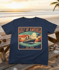 Gulf of America Est 2025 t-shirt design featuring a vintage cruise ship sailing on the ocean with palm trees and