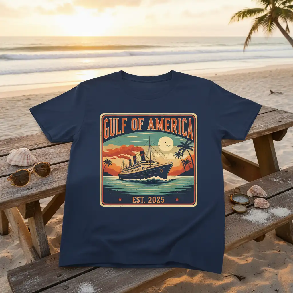 Gulf of America Est 2025 vintage cruise ship design with ocean, palm trees, and sunset