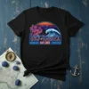 Gulf of America Est. 2025 neon retro design with palm trees and a crashing wave on a black t-shirt