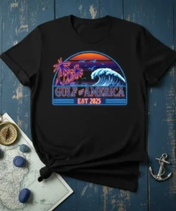 Gulf of America Est. 2025 neon retro design with palm trees and a crashing wave on a black t-shirt