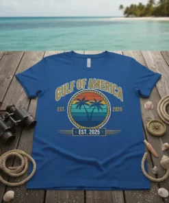 Gulf of America Est. 2025 t-shirt design with retro sunset, palm trees, and nautical rope detail