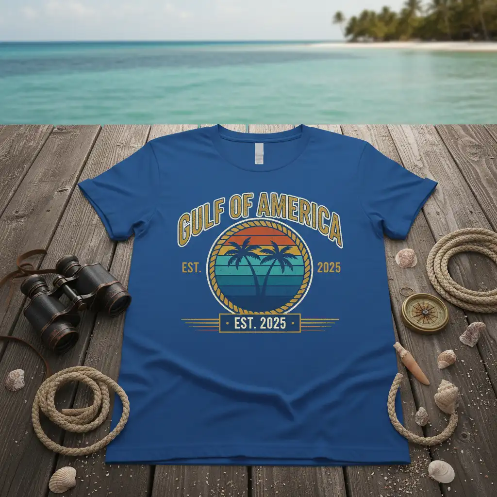Gulf of America Est. 2025 retro sunset and palm tree graphic on a blue t-shirt