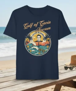 Gulf of Gavin Newsom California NEISROMA t-shirt design featuring a man's portrait, waves, palm trees, and money symbols in a
