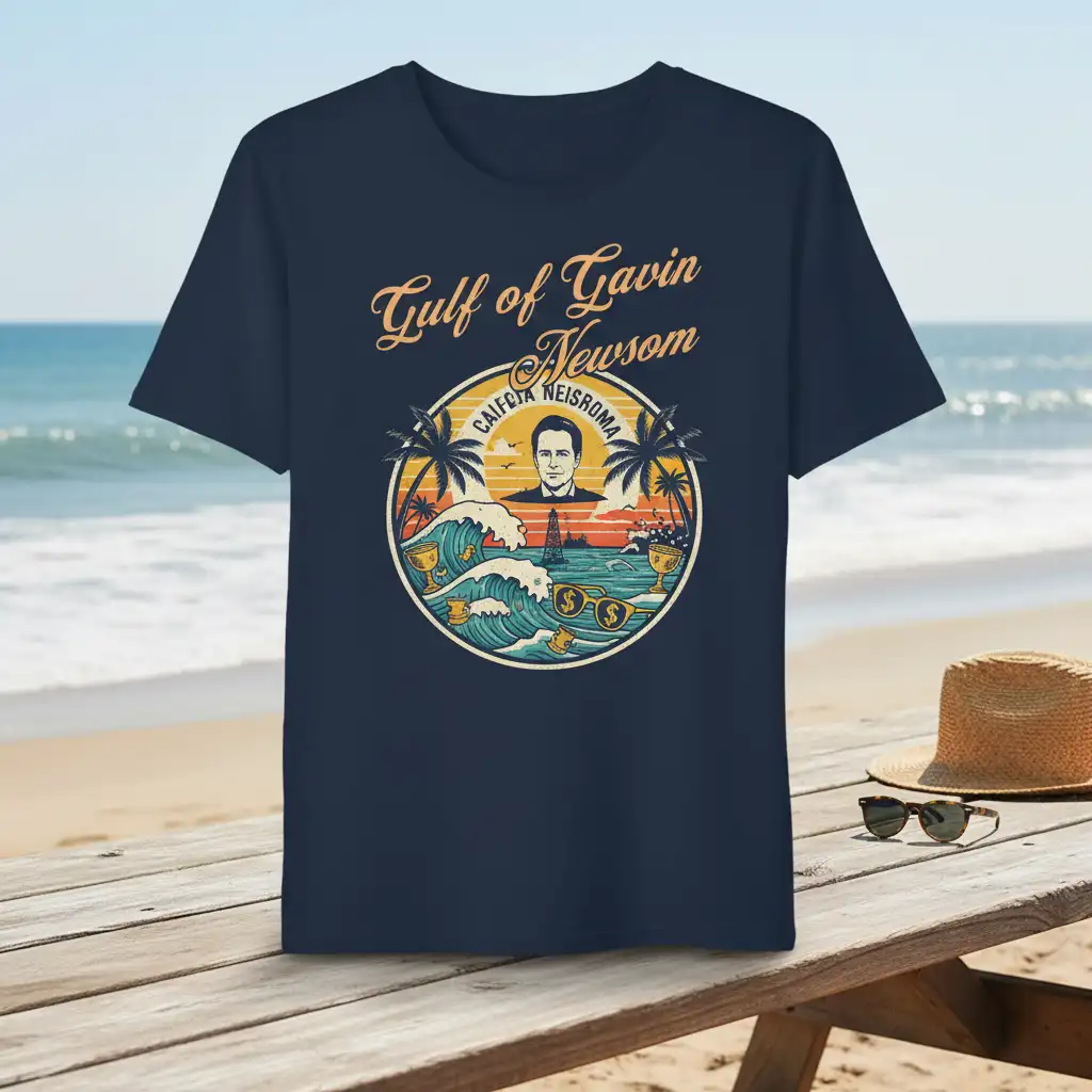 Satirical Gulf of Gavin Newsom California NEISROMA t-shirt design with portrait, waves, and money graphics