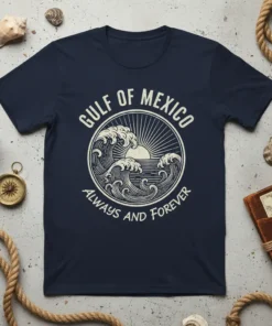 Gulf of Mexico Always and Forever t-shirt with a circular wave and sun design in cream text