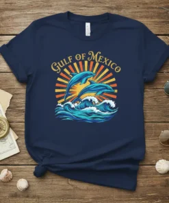 Gulf of Mexico t-shirt design with leaping dolphins, ocean waves, and a sunburst graphic