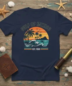 Gulf of Mexico Est 1550 retro sunset graphic t-shirt with palm trees, ocean waves, and a dolphin