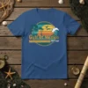 Gulf of Mexico EST 1550 vintage design with palm trees, sunset, and waves on a blue t-shirt