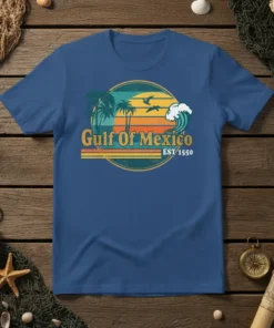 Gulf of Mexico EST 1550 vintage design with palm trees, sunset, and waves on a blue t-shirt