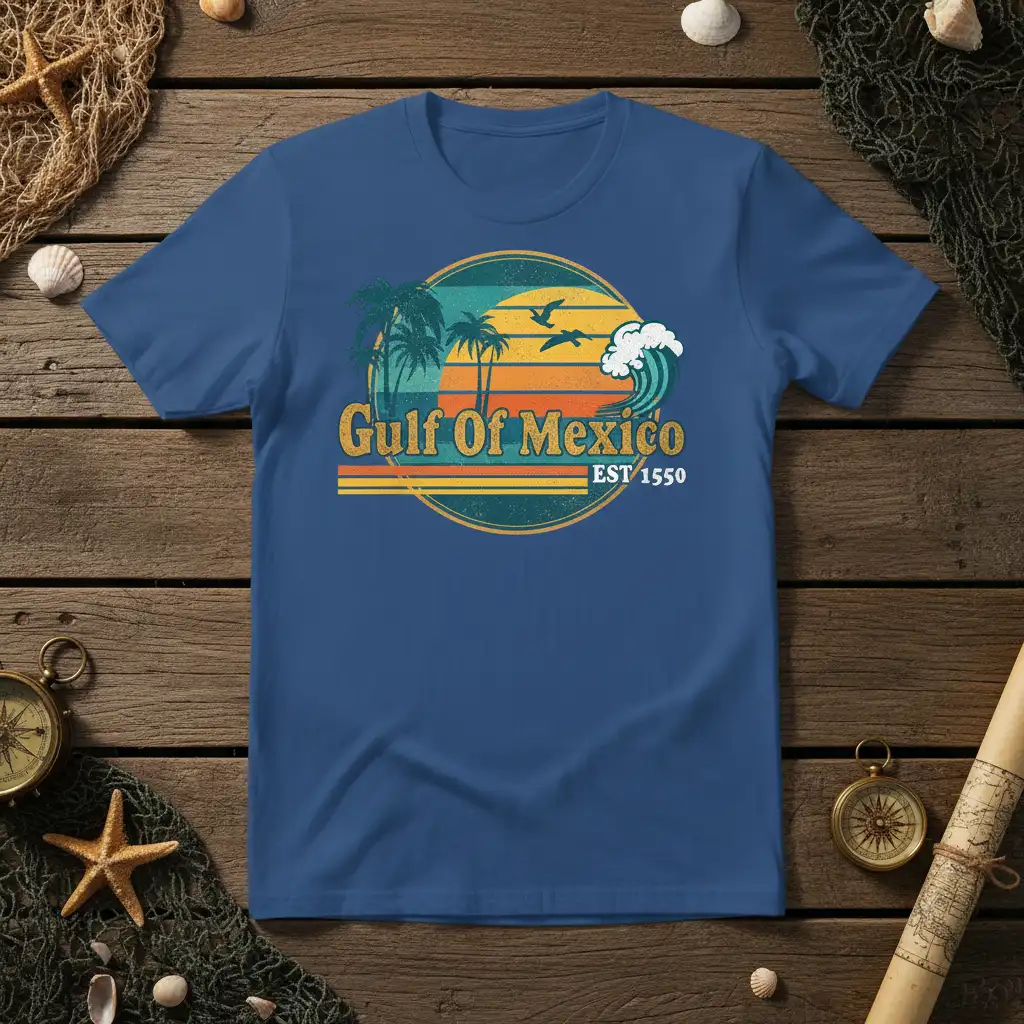 Gulf Of Mexico EST 1550 vintage retro design with palm trees, sunset, and ocean wave graphic