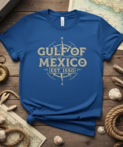 Gulf of Mexico Est 1550 text with a vintage compass graphic on a blue t-shirt