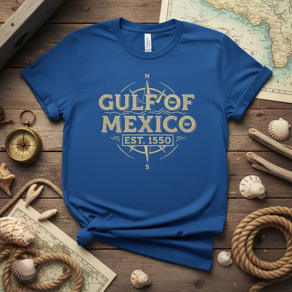 Gulf of Mexico Est 1550 text with vintage compass graphic on a blue t-shirt