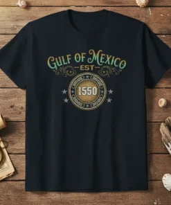 Gulf of Mexico EST 1550 design on a navy t-shirt, featuring vintage text and a circular emblem with the year