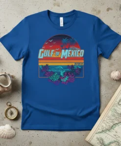 Gulf of Mexico Est 1950 retro t-shirt design with sunset, palm trees, ocean waves, and coral graphics