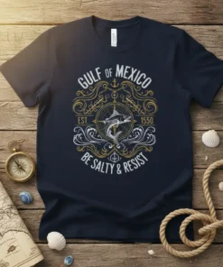 Gulf of Mexico Est. 1550 Be Salty & Resist t-shirt design featuring a fish and compass graphic