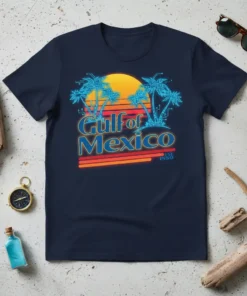 Retro Gulf of Mexico EST. 1550 t-shirt design with palm trees, sunset, and neon-style text